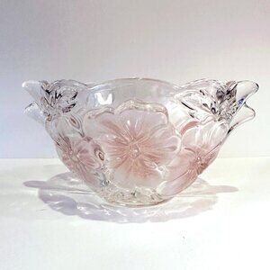 Mikasa STUDIO NOVA Frosted Pink Pansy Flower Pressed Glass Bowl with Handles